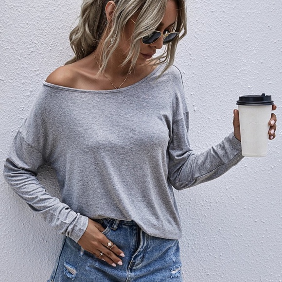 Boho chic off shoulder grey long sleeve top - Picture 6 of 8